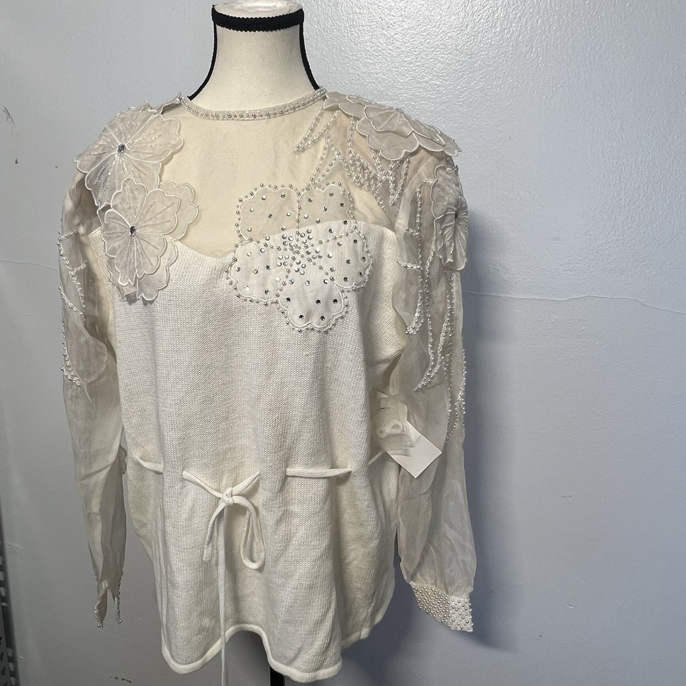 VTG Deadstock Bonnie Boerer Blouse Silk Chiffon Flower Appliqué Pearl Sz M